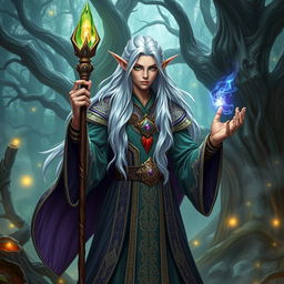 A majestic high elf wizard standing in a mystical forest