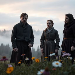 A dramatic scene from the Swedish movie 'Morgon av Herran', featuring a haunting landscape with a mist-covered forest in the background