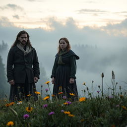 A dramatic scene from the Swedish movie 'Morgon av Herran', featuring a haunting landscape with a mist-covered forest in the background