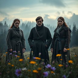 A dramatic scene from the Swedish movie 'Morgon av Herran', featuring a haunting landscape with a mist-covered forest in the background