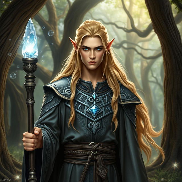 A striking male high elf wizard standing in an enchanting forest