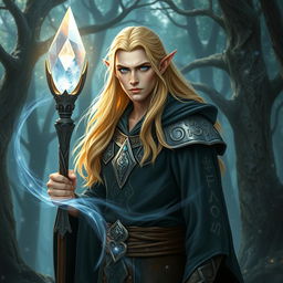 A striking male high elf wizard standing in an enchanting forest