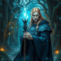 A striking male high elf wizard standing in an enchanting forest