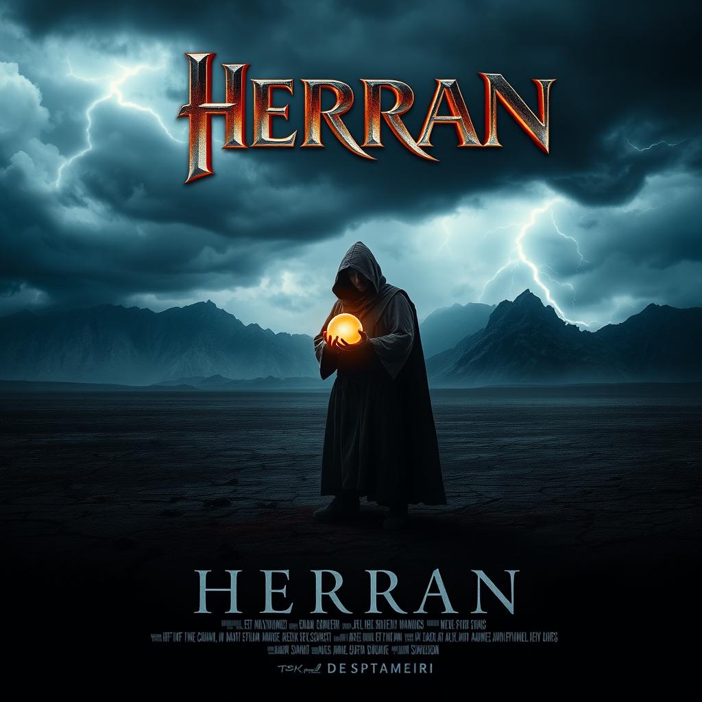 A captivating movie poster for a film titled 'Herran', featuring a mysterious, cloaked figure standing on a desolate landscape under a stormy sky