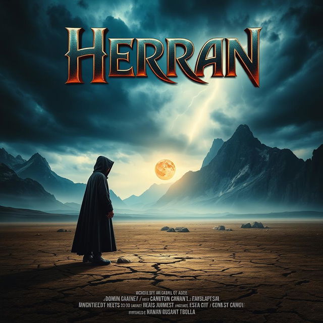 A captivating movie poster for a film titled 'Herran', featuring a mysterious, cloaked figure standing on a desolate landscape under a stormy sky