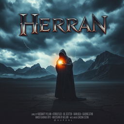 A captivating movie poster for a film titled 'Herran', featuring a mysterious, cloaked figure standing on a desolate landscape under a stormy sky