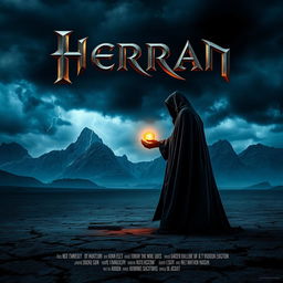 A captivating movie poster for a film titled 'Herran', featuring a mysterious, cloaked figure standing on a desolate landscape under a stormy sky