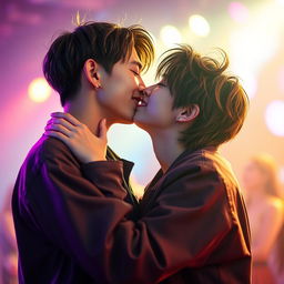 A beautiful, romantic scene featuring two members of Stray Kids, Than and Lee, locked in a tender kiss