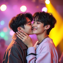 A beautiful, romantic scene featuring two members of Stray Kids, Than and Lee, locked in a tender kiss