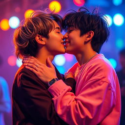 A beautiful, romantic scene featuring two members of Stray Kids, Than and Lee, locked in a tender kiss
