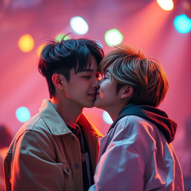 A beautiful, romantic scene featuring two members of Stray Kids, Than and Lee, locked in a tender kiss