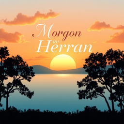 A vibrant poster design for 'Morgon av Herran', featuring a serene sunrise over a calm lake