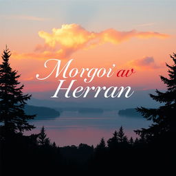 A vibrant poster design for 'Morgon av Herran', featuring a serene sunrise over a calm lake