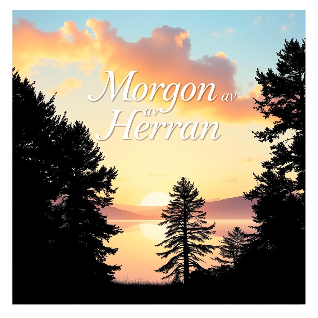 A vibrant poster design for 'Morgon av Herran', featuring a serene sunrise over a calm lake