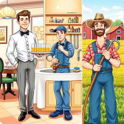 A vibrant, artistic illustration showing a combination of three distinct roles: a waiter in a restaurant, a plumber in a home, and a farmer on a farm