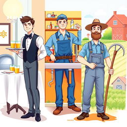 A vibrant, artistic illustration showing a combination of three distinct roles: a waiter in a restaurant, a plumber in a home, and a farmer on a farm