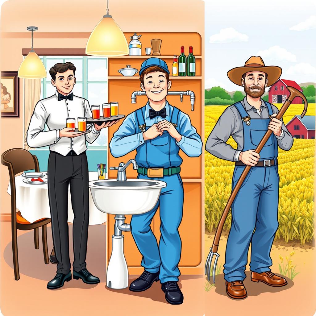 A vibrant, artistic illustration showing a combination of three distinct roles: a waiter in a restaurant, a plumber in a home, and a farmer on a farm