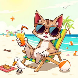 A vibrant and humorous illustration featuring a cartoon cat in a silly situation: the cat is wearing oversized sunglasses, lounging on a beach chair with a tropical drink in its paw