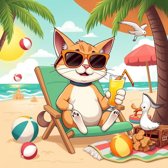 A vibrant and humorous illustration featuring a cartoon cat in a silly situation: the cat is wearing oversized sunglasses, lounging on a beach chair with a tropical drink in its paw