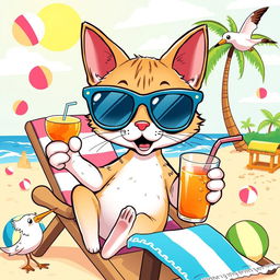 A vibrant and humorous illustration featuring a cartoon cat in a silly situation: the cat is wearing oversized sunglasses, lounging on a beach chair with a tropical drink in its paw