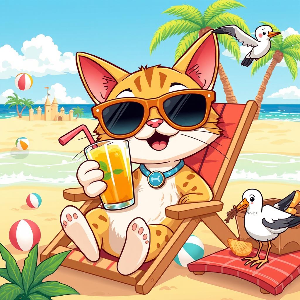 A vibrant and humorous illustration featuring a cartoon cat in a silly situation: the cat is wearing oversized sunglasses, lounging on a beach chair with a tropical drink in its paw