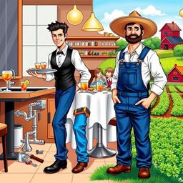 An engaging and colorful composite illustration that merges three characters from different professions: a waiter, a plumber, and a farmer