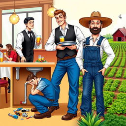 An engaging and colorful composite illustration that merges three characters from different professions: a waiter, a plumber, and a farmer