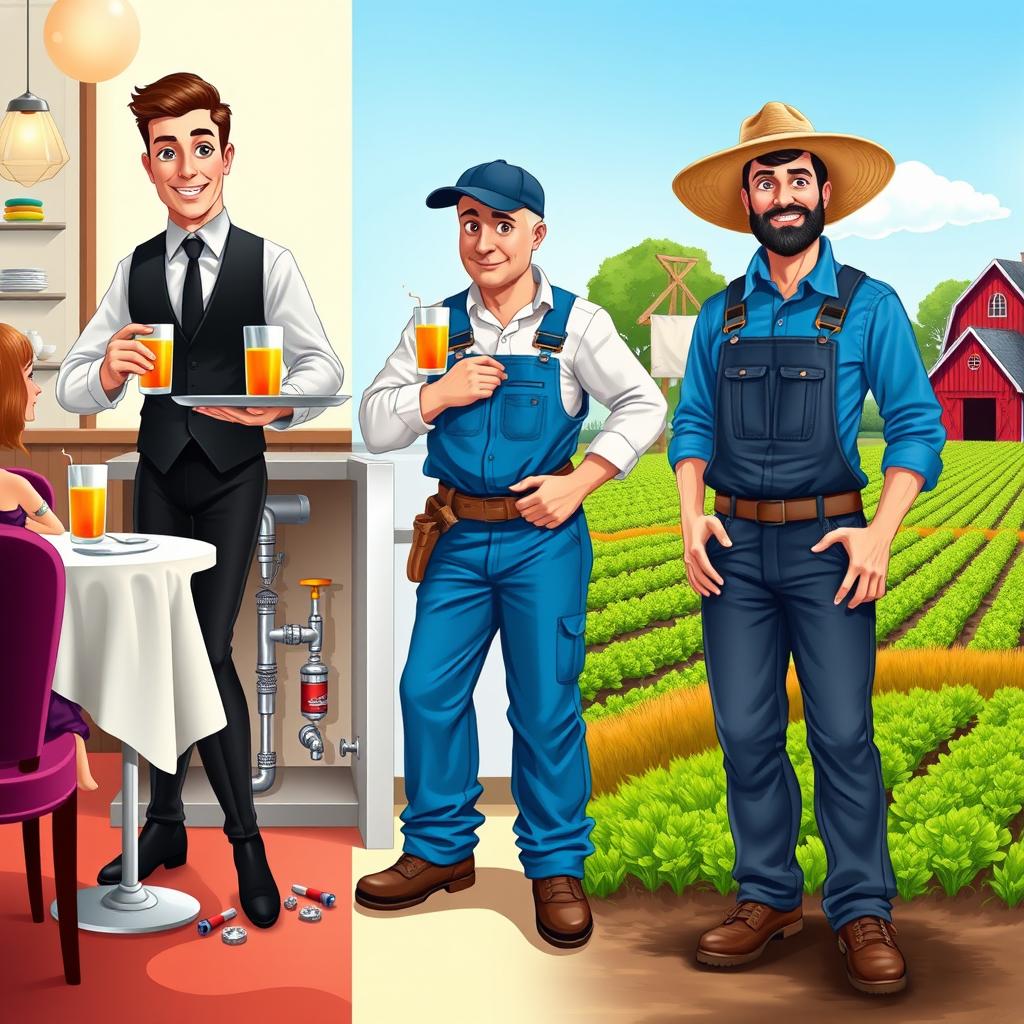 An engaging and colorful composite illustration that merges three characters from different professions: a waiter, a plumber, and a farmer