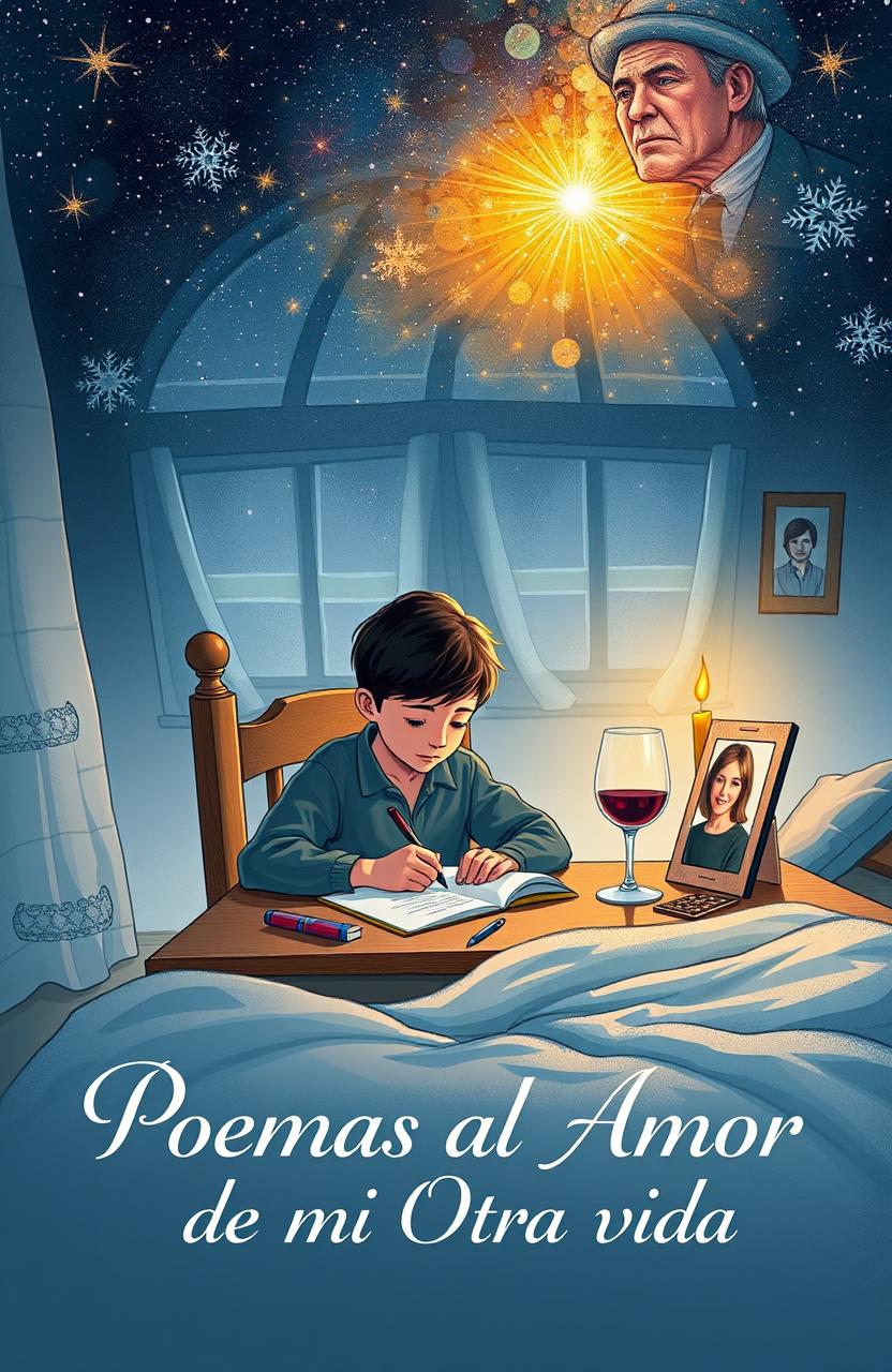 A captivating book cover illustration featuring a young boy writing at a desk in his bedroom, deeply focused on his work