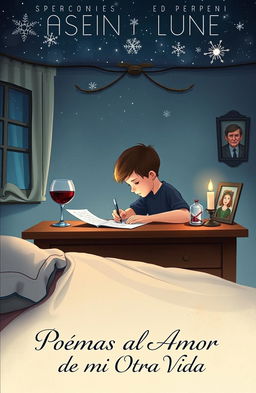 A captivating book cover illustration featuring a young boy writing at a desk in his bedroom, deeply focused on his work