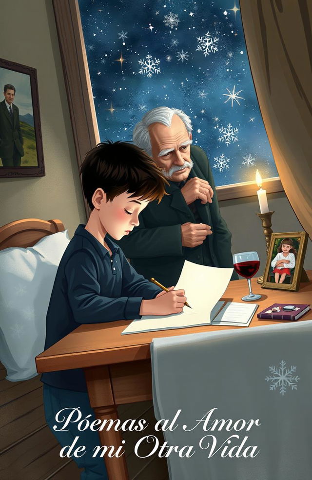 A captivating book cover illustration featuring a young boy writing at a desk in his bedroom, deeply focused on his work