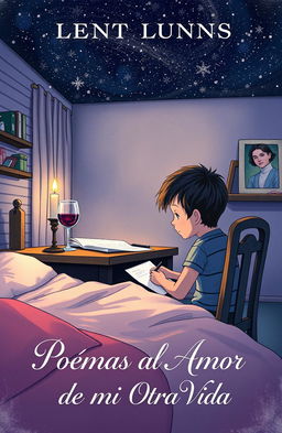 A captivating book cover illustration featuring a young boy writing at a desk in his bedroom, deeply focused on his work
