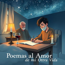 A beautiful book cover illustration featuring a young boy writing at a desk in his bedroom, immersed in his thoughts as he writes