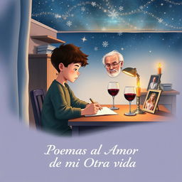 A beautiful book cover illustration featuring a young boy writing at a desk in his bedroom, immersed in his thoughts as he writes