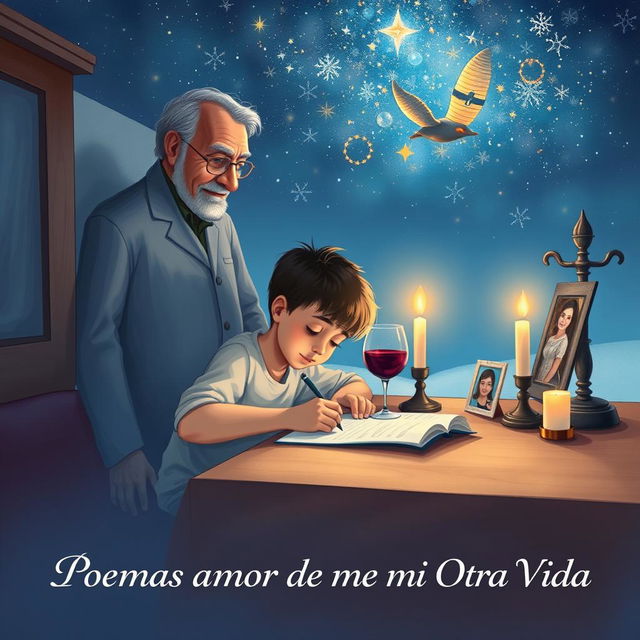 A beautiful book cover illustration featuring a young boy writing at a desk in his bedroom, immersed in his thoughts as he writes