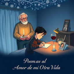 A beautiful book cover illustration featuring a young boy writing at a desk in his bedroom, immersed in his thoughts as he writes
