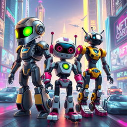 A futuristic scene featuring a variety of unique and colorful robots showcasing their individual designs and characteristics