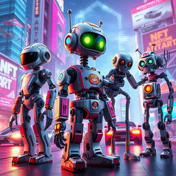 A futuristic scene featuring a variety of unique and colorful robots showcasing their individual designs and characteristics