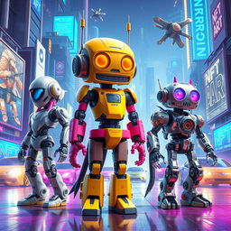 A futuristic scene featuring a variety of unique and colorful robots showcasing their individual designs and characteristics