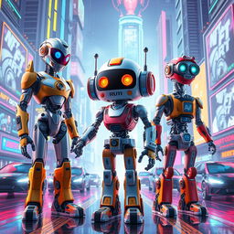 A futuristic scene featuring a variety of unique and colorful robots showcasing their individual designs and characteristics