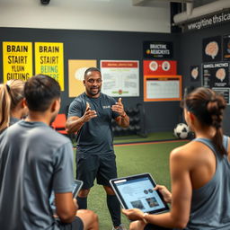 A dynamic and engaging sports scene featuring a dedicated brain trainer coaching athletes