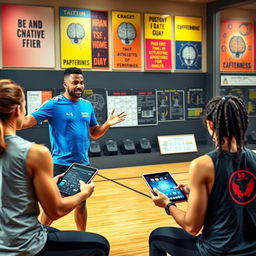 A dynamic and engaging sports scene featuring a dedicated brain trainer coaching athletes