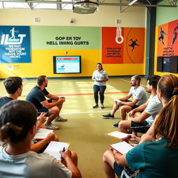 An inspiring scene showcasing a mental trainer conducting a workshop with athletes in a sports facility