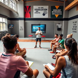 An inspiring scene showcasing a mental trainer conducting a workshop with athletes in a sports facility