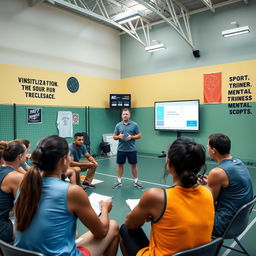 An inspiring scene showcasing a mental trainer conducting a workshop with athletes in a sports facility
