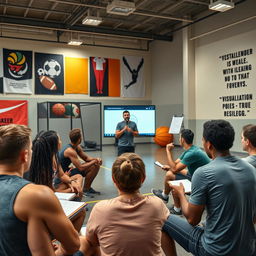 An inspiring scene showcasing a mental trainer conducting a workshop with athletes in a sports facility