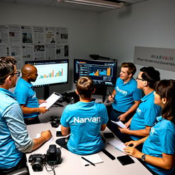 Five journalists wearing sky blue shirts with the Narvan logo are gathered around a table in a news office