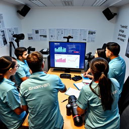 Five journalists wearing sky blue shirts with the Narvan logo are gathered around a table in a news office