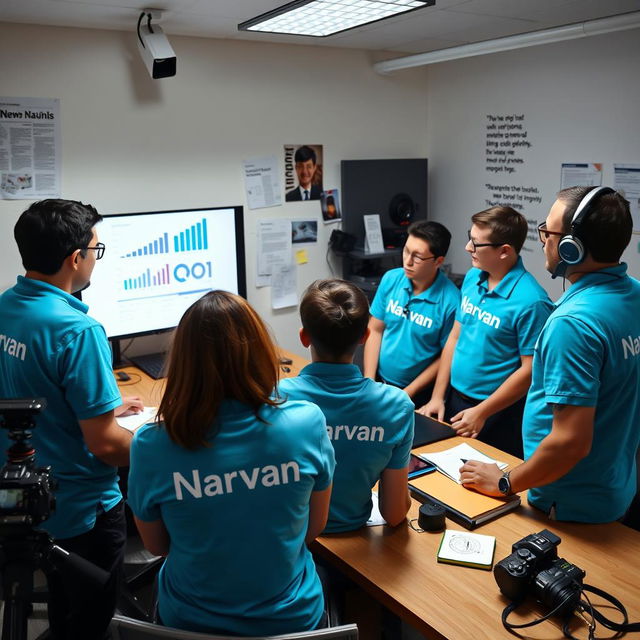 Five journalists wearing sky blue shirts with the Narvan logo are gathered around a table in a news office