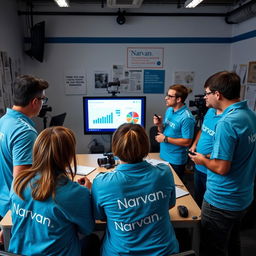 Five journalists wearing sky blue shirts with the Narvan logo are gathered around a table in a news office